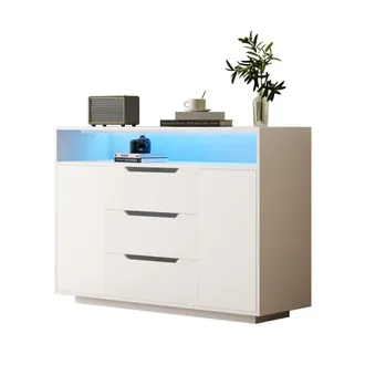 STILVORA Aparador Con 2 Puertas, 3 Cajones, 1 Hueco Abierto Y Led, Para Salon, Comedor O Despacho, En Madera De Ingenieria, Blanco, 120 X 40 X 85 Cm