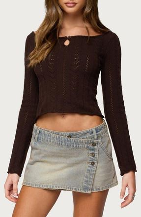 Edikted Khari Pointelle Wide Neck Long Sleeve Crop Top in Brown at Nordstrom, Size X-Large