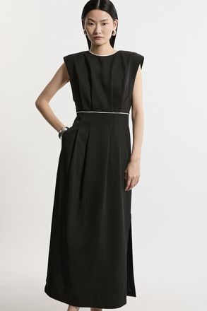 Karen Millen Twill Pintuck Strong Shoulder Woven Midi Dress
