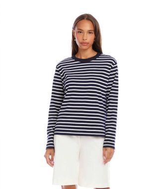 Karen Kane Stripe Long Sleeve Top In Navy With White