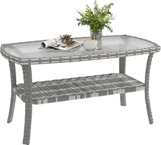 OUTSUNNY Mesa De Jard&iacute;n Exterior De Rat&aacute;n Con Estante, Mesita Auxiliar De Jard&iacute;n Rectangular, Tablero De Vidrio Templado, 90x50x45 Cm, Gris Oscuro