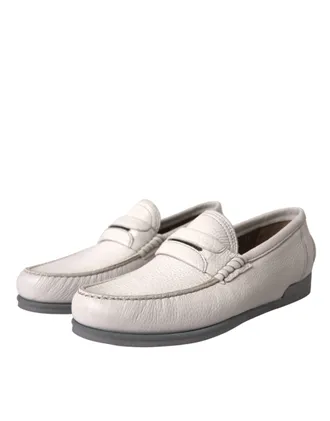 Dolce & Gabbana White Gray Leather Slip Mocassin Shoes Mens Loafer