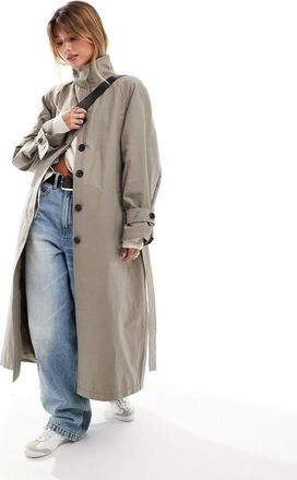 Asos funnel neck oversized longline trench coat in mushroom-Neutral