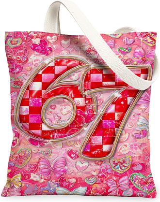 Generic ValentineS Day Hearts Canvas Tote Bags, Cute Love Pattern Reusable Grocery Bags, Lightweight Washable Shoulder Strap, Peach, 13x15 Inch