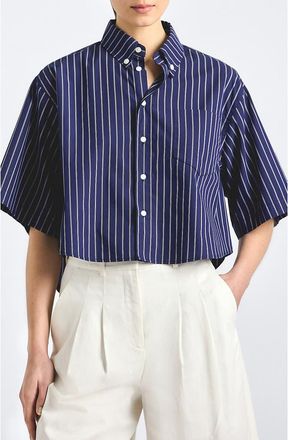 Derek Lam Ember Cropped Button-Down Shirt in Dark Navy Stripe at Nordstrom, Size X-Small