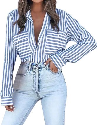 Generic New T Shirt Tops for Women Girl Button Pocket Roll Up Sleeves Blouse Loose Top Quarter Sleeve (Blue, M)