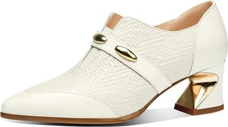 TinaCus Genuine Leather Handmade Chunky Heels Womens Pointed Toe Side Zip up Pumps Shoes, Beige, 4.5 UK