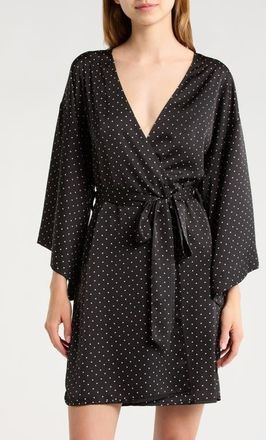 Open Edit Get Ready with Me Satin Robe in Black- Ivory Polka Dot at Nordstrom, Size X-Small