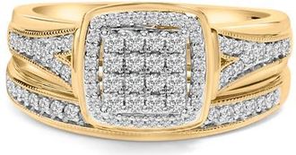 House of Brilliance 14K Yellow Gold Plated Sterling Silver 1/2 Cttw Diamond Square Cluster Bridal Set in Yellow Gold Over Silver at Nordstrom