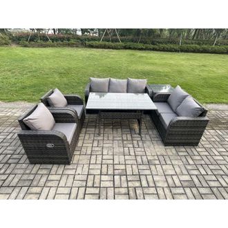 Fimous Dark Grey pe Wicker Rattan Garden Furniture Set Reclining Chair Love Sofa 2 Seater Sofa Set Outdoor Rectangular Dining Table Big Stools Side Table 8