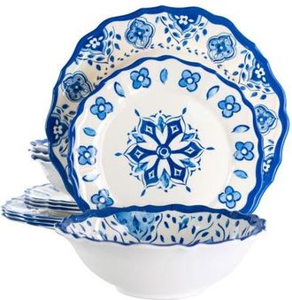 Elama Blue Garden 12 Piece Scalloped Lightweight Melamine Dinnerware Set at Nordstrom