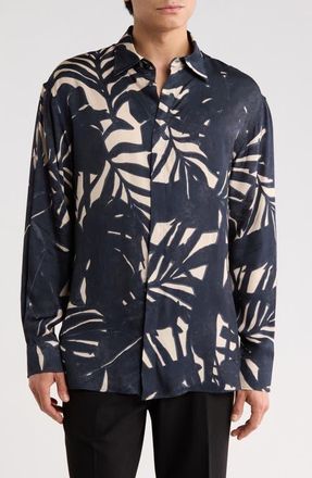 Emporio Armani Palm Print Long Sleeve Button-Up Shirt in Navy at Nordstrom, Size Xx-Large