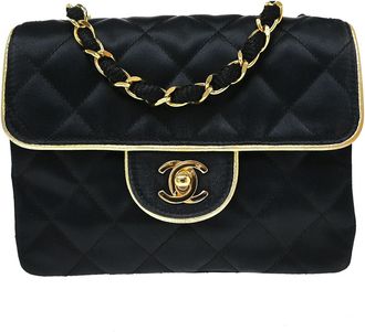 Chanel Vintage Square Classic Single Flap Quilted Satin Black Satin Handbag (Pre-Owned)