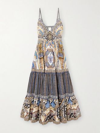 Camilla Abito Maxi A Balze In Cotone Arricciato Con Finiture In Pizzo E Cristalli - Grigio