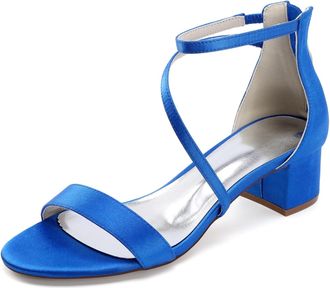 Generic Low Heels Satin Bridal Shoes Womens Block Heels Wedding Shoes Open Toe Ankle Strap Heels Sandals 4.5Cm,Royal Blue,10 UK