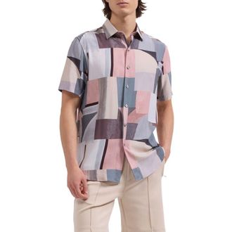 Bugatchi Orson Shaped Fit Short Sleeve Button-Up Shirt in Dusty Pink at Nordstrom, Size Xxx-Large