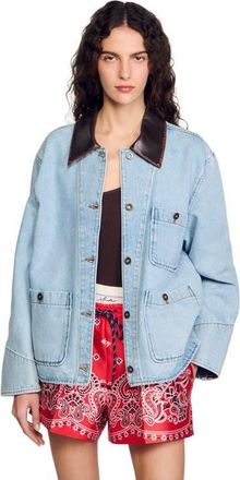 Sandro Denim jacket with leather collar in Light Bu Jean at Nordstrom, Size 42 Eu