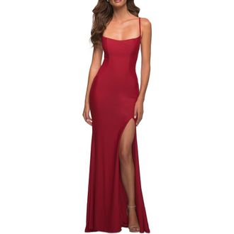 La Femme Long Prom Dress in Luxurious Jersey with Slit in Red at Nordstrom, Size 00