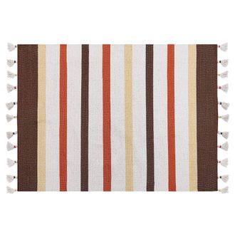 Beliani Alfombra De Algod&oacute;n Marr&oacute;n Beige Amarillo Naranja 140 X 200 Cm A Rayas A Mano Hisarli