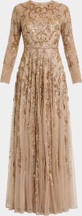 Mac Duggal Sequin & Bead-Embellished Chiffon Gown