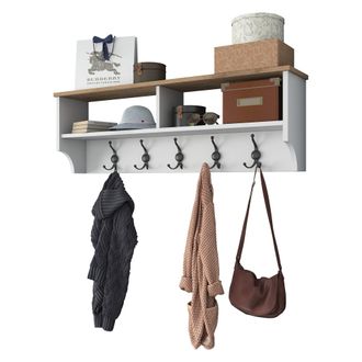 Dmora Colgador Magherno, 5 Ganchos, Montaje En Pared, Estructura Marr&oacute;n, 37h Cm Blanco