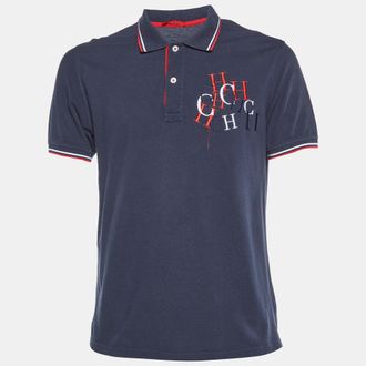 Carolina Herrera Navy Blue Logo Embroidered Cotton Polo T-Shirt