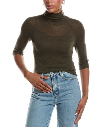 Autumn Cashmere Fitted Sheer Elbow Sleeve Turtleneck Cashmere Sweater