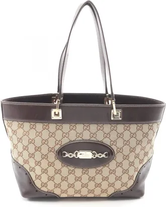Gucci Beige Brown Canvas Leather Handbag Tote Bag (Pre-Owned)