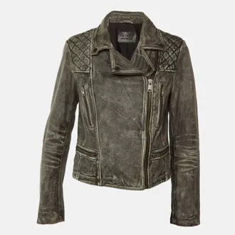 AllSaints Vintage Grey Leather Cargo Biker Jacket