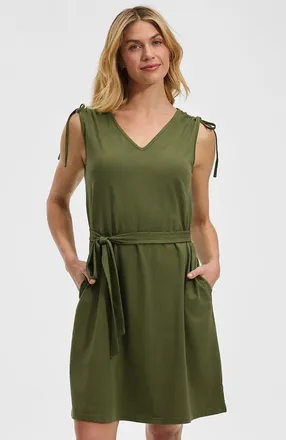 Lands End Cotton Jersey Shoulder Tie Belted Mini Dress in Artichoke at Nordstrom, Size X-Large