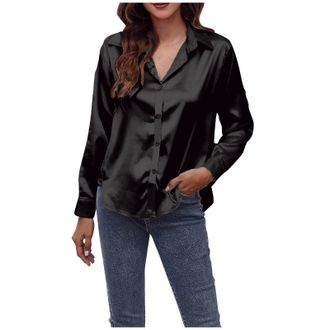 Generic Curve Shirts Blouses Women Dressy Silk Satin Button-Down Shirts Long Sleeve Oversized Shirt Lightweight Casual Loose-Fit Office Work Blouses Ladies Co
