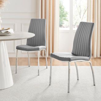 Furniturebox Set of 2 Isco Deep Cushioned Soft Touch Faux Leather Dining Chairs With Silver Chrome Metal Legs in Grey