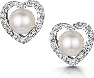 The Diamond Store Stellato Collection Pearl and Diamond Heart Earrings in 9K White Gold