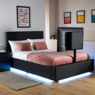 X Rocker AVA Upholstered TV Bed with Underbed Storage & LED Lights in Black | Size: Small Double