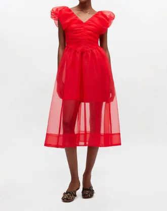 Ganni Textured Organza Long Ruched Dress In Marsred