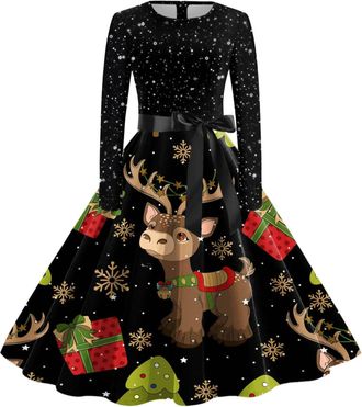 Generic Christmas Dress Womens V Neck Long Sleeve Winter Dress Elegant Perfect Party Printed Xmas Costume Swing Dresses Womens Christmas Sweatshirt Outfits Sw