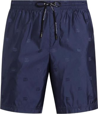 Dolce & Gabbana Medium Zwembroek Shorts in Logo Jacquard - Heren - Strandmode - Blauw - S - Polyester - Badmode