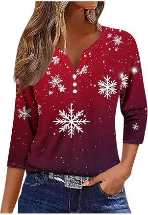Generic Womens Christmas Tops Button Up 3/4 Sleeve Xmas Tree Snowflake Printed T-shirt V Neck Xmas Shirts Funny Santa Claus Christmas T Shirts Casual Pullover