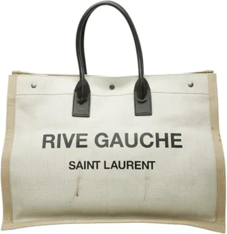 Saint Laurent Beige White Canvas Hemp Linen Leather Handbag Tote Bag (Pre-Owned)