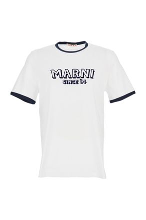 Marni Crew Neck T-Shirt with Front Logo and Ribbed Accents