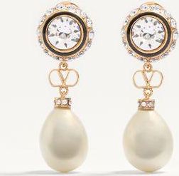 Valentino Garavani Orecchini VLogo Signature In Metallo, Smalto, Perle E Cristalli Donna ORO/NERO/CRYSTAL/CREMA UNI