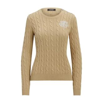 Ralph Lauren Katoenen trui met kabelbreisel - Dames - Ronde hals truien - Beige - XL - Katoen - Truien & Vesten