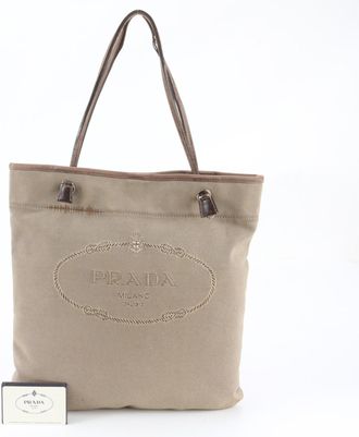 Prada Brown Leather Canvas Handbag Shoulder Bag Tote Bag (Pre-Owned)