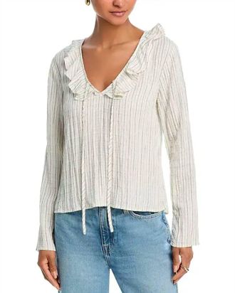 Bella Dahl Tie Ruffle Neck Top In Ecru Black Pinstripe