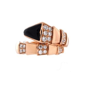 Bulgari Serpenti Viper One-Coil Ring 18K Rose Gold with Onyx and Semi Pave Diamonds Wide