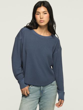 Lucky Brand Womens Waffle Fabric Mix Ls Top