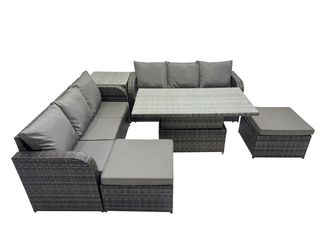 Fimous Rattan Garden Furniture Set 8-seater with Side Table 2 Big Footstool in Dark Grey