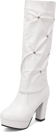 Generic Womens Block High Heel Platform Round Toe Knee High Boots Side Zipper Rhinestones Decor Elegant Casual Winter Shoes (White,5.5)