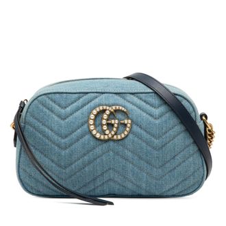 Gucci Tweedehands Kleine Gg Marmont Matelass&eacute; Denim Parel Crossbody