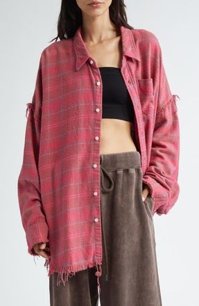 R13 Shredded Seam Oversize Plaid Cotton Flannel Button-Up Shirt in Raspberry Overdyed Plaid at Nordstrom, Size X-Large